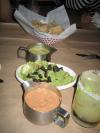 Chips with Tomatillo and Hass Avocados, Guacamole, and Habanero and Creme Fraiche