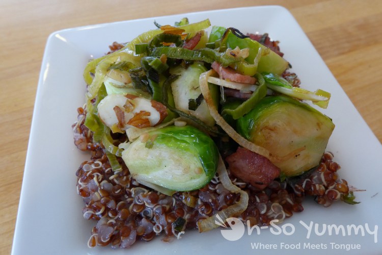 Brussel Sprouts, Leek, Turkey Bacon, and Almonds over Red Quinoa
